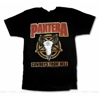 คอลูกเรือเสื้อยืดคอกลม เสื้อยืดคอกลม ผ้าฝ้าย พิมพ์ลาย PANTERA LEATHER PATCH IMAGE COW FROM HELL BLACK O65YT6641