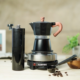 KAMPING (สีดำ)หม้อต้มกาแฟสด มอคค่าพอท + เตาไฟฟ้ามินิ 500W + เครื่องบดมือหมุน + 2-1 ช้อน