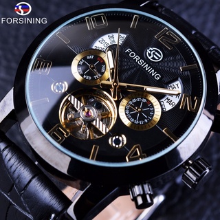 Forsining Tourbillion Fashion Wave Black Golden Clock Multi Function Display Mens Automatic Mechanical Watches Top Brand