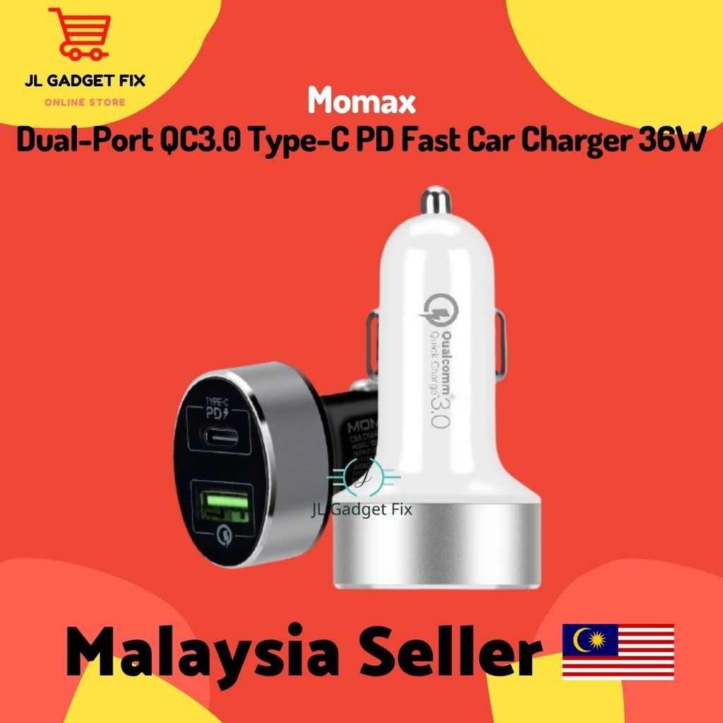 MOMAX UC10 Dual-Port QC3.0 USB พร้อม Type-C PD Fast Car Charger 36W