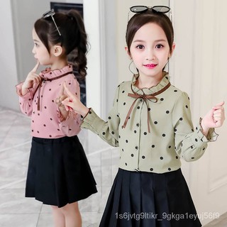💒💒เสื้อเด็กผู้หญิง เสื้อชีฟองลายจุด เสื้อเชิ้ตแฟชั่นเกาหลีแขนยาวแบบใหม่ เสื้อเชิ้ตระบายอากาศ