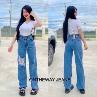 💥พร้อมส่ง👖กางเกงยีนส์ทรงกระบอก แบบขาดเข่า ขาดข้าง สีสโนว์ยีนส์ เอวสูง เก็บพุง (ผ้าไม่ยืด)