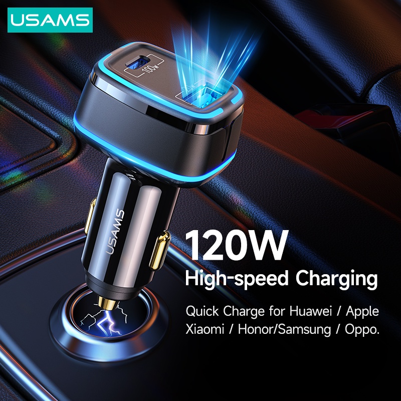 การจัดส่งเคาน์เตอร์USAMS 120W Fast Car Charger PD QC AFC SCP PPS USB A C  Charger LED Light For iPhone Xiaomi Huawei Sams - jsll1mjdzh - ThaiPick