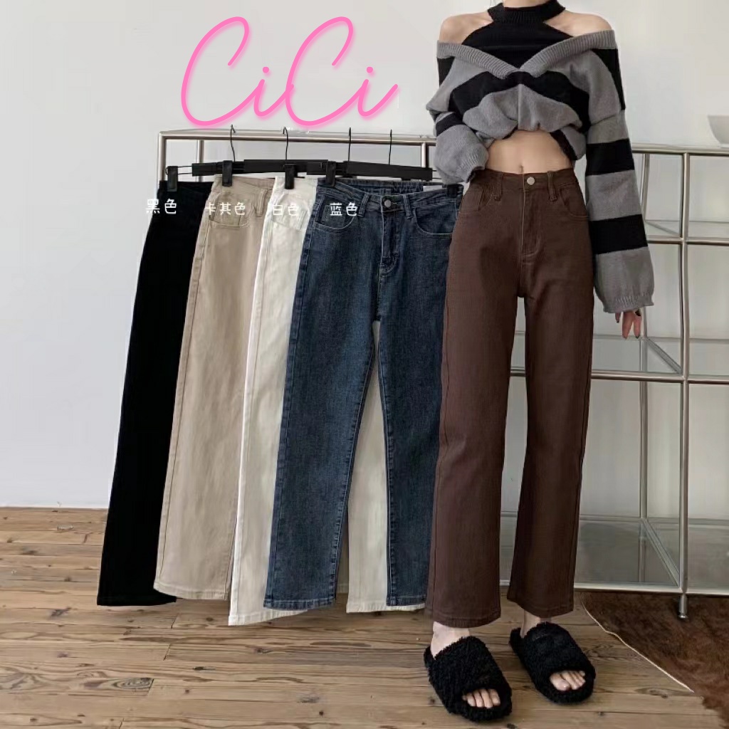 Cici พร้อมส่ง (NO.0889)กางเกงยีนส์ทรงบอยขาตรง ทรงเบสิคสไตล์เกาหลี