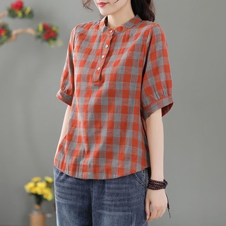 Retro Plaid เสื้อผู้หญิงฤดูร้อนใหม่หลวมสบายๆกลางแขนครอบคลุมหน้าท้องขนาดใหญ่เสื้อ Trendy