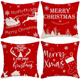 ปลอกหมอน ผ้าฝ้าย ผ้าลินิน ลาย Merry Christmas สีแดง ขนาด 70×70 60×60 50×50 45×45 40×40