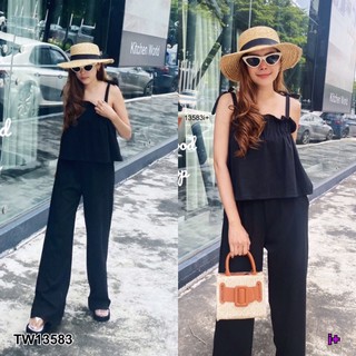 TW13583 Set 2 ชิ้น เสื้อสายเดี่ยวผูกโบว์ สม็อครอบอก กับกางเกงขายาว ทรงขากระบอก มีกระเป๋าข้าง ผ้าร่องยืดเนื้อดี