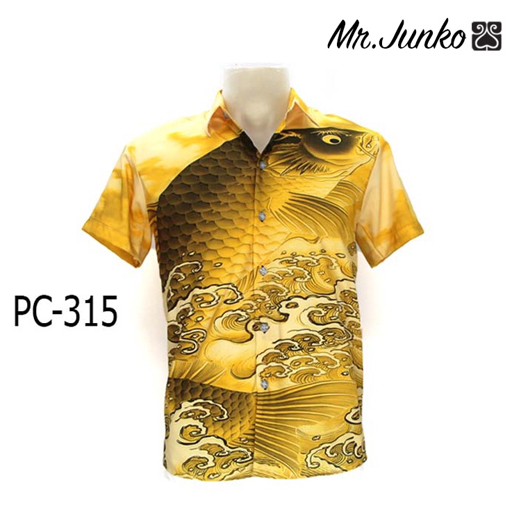 ส่งฟรี เสื้อเชิ้ต งานต่อลาย Mr-Junko ลายปลาคราฟสีทอง ผ้าซาติน นิ่มใส่สบายไม่ร้อน PC-315