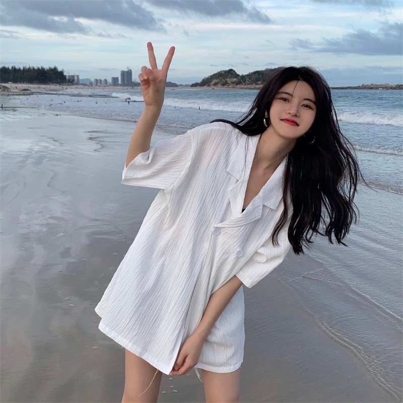 เสื้อเเขนสั้นแฟชั่นหญิง สไตล์𝓚𝓞𝓡𝓔𝓐𝓝 SMD2918 ใส่เที่ยวเก๋เก๋ สองกระดุม เนื้อผ้าเบาสบาย