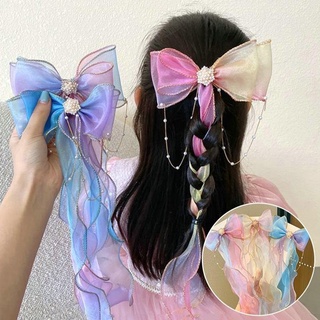 เครื่องประดับผมหลากสีสำหรับผู้หญิง Pearl Tassels Bowknot Ribbons Braided Hairpins Headdresses Summer Girls Princess Hairpins