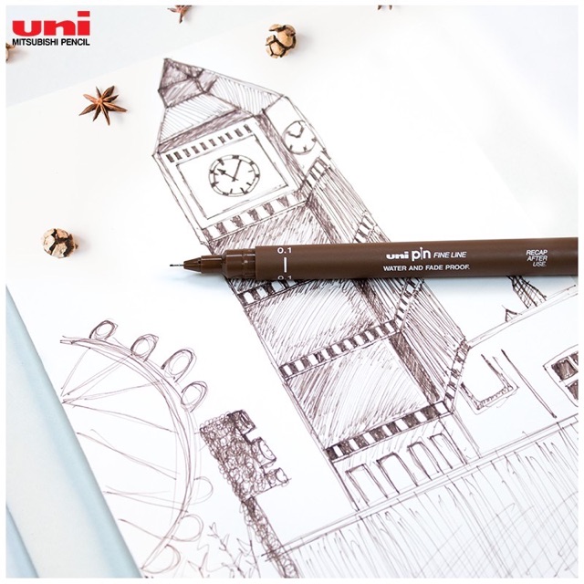 Uni pin fine line / brush I ปากกาตัดเส้นหัวสักหลาดสีดำ/น้ำเงิน/สีน้ำตาล/สีเทา และปากกาหัวพู่กันสีดำ