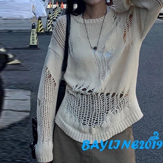 Bay เสื้อกันหนาว คอกลม แขนยาว ผ้าถักโครเชต์ สีพื้น สําหรับผู้หญิง