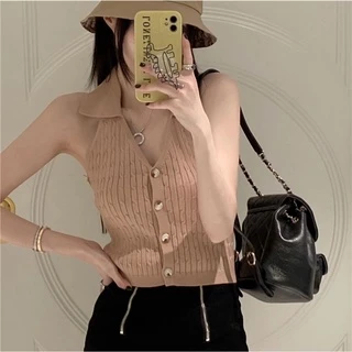 Cicishop(88905)เสื้อคล้อง​คอ​ไหมพรม คอปก เว้าหลังกระดุมหน้า สายฝอแซ่บไฟลุกสุดๆ