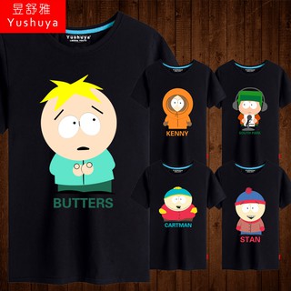 South Park เสื้อยืดแขนสั้นผู้ชายและผู้หญิงอะนิเมะอุปกรณ์ต่อพ่วงเสื้อยืดผ้าฝ้ายฤดูร้อนใหม่นักเรียนรอบคอครึ่งแขน