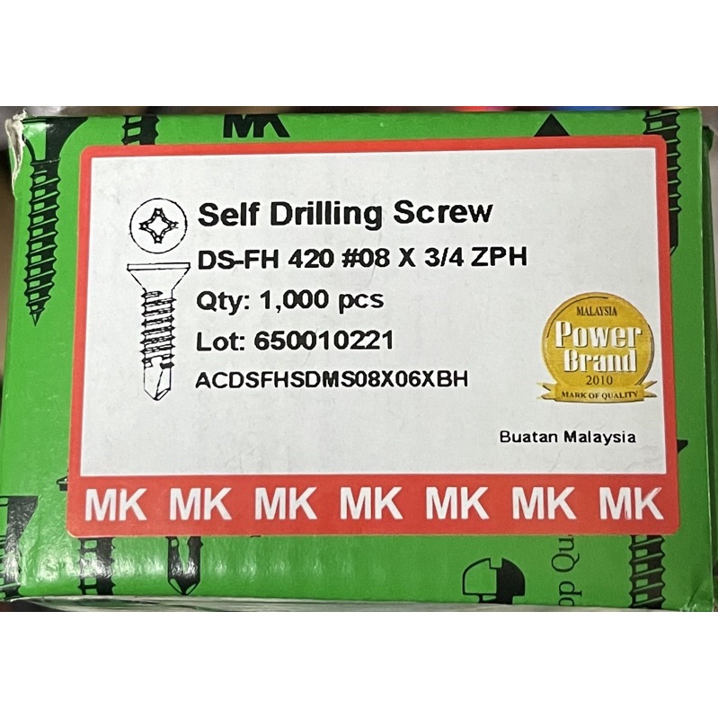 MK 420 DS-FH SELF DRILLING SCREW 8 X 3/4" ZPH (1000 ชิ้น) สกรูสําหรับโลหะ SKRU EKOR UDANG KUNCI BESI