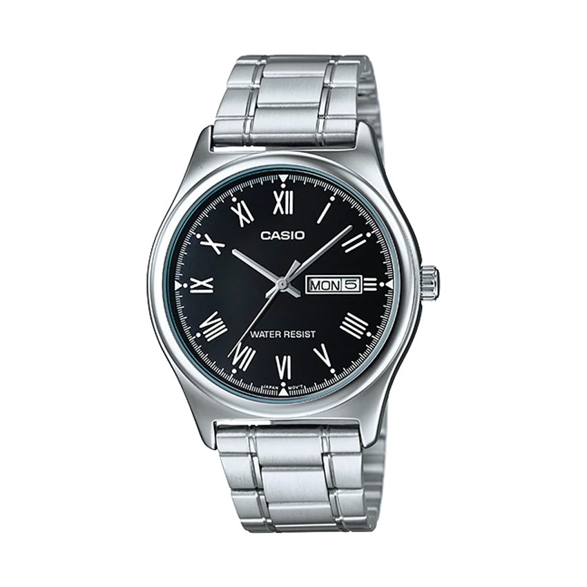 Casio Standard นาฬิกาข้อมือผู้ชาย สีเงิน/หน้าดำ สายสแตนเลส รุ่น MTP-V006D, MTP-V006D-1BUDF,MTP-V006D-1B