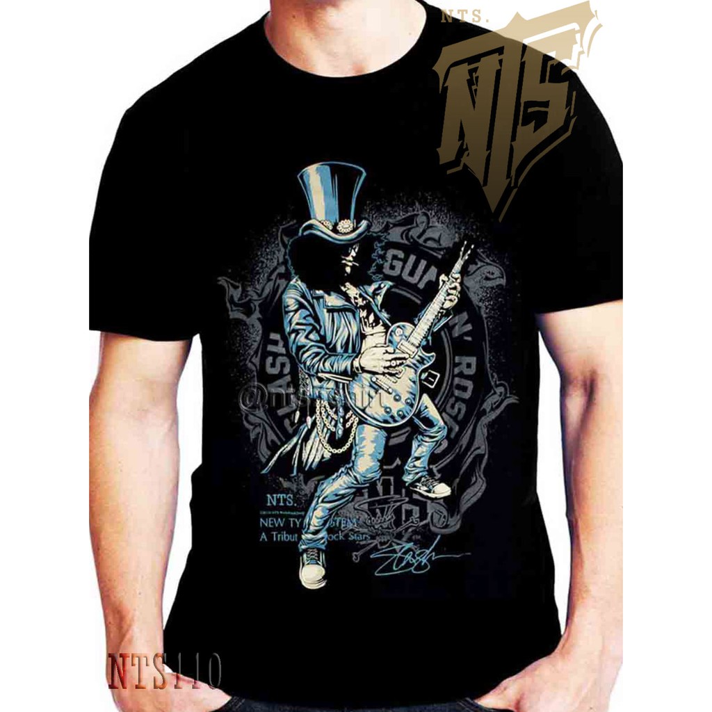 NTS​ 110 Slash Gun n' Roses เสื้อยืด ลายวงดนตรี ซิลค์สกรีน ผ้าคอตตอนหนานุ่ม ไม่หดไม่ย้วย สีดำ S M L XL XXL