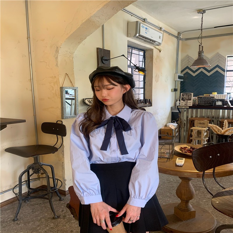 พร้อมส่ง  cotton blue shirt C1860 เชิ้ตแขนยาว เชิ้ตโบว์แขนยาว #4