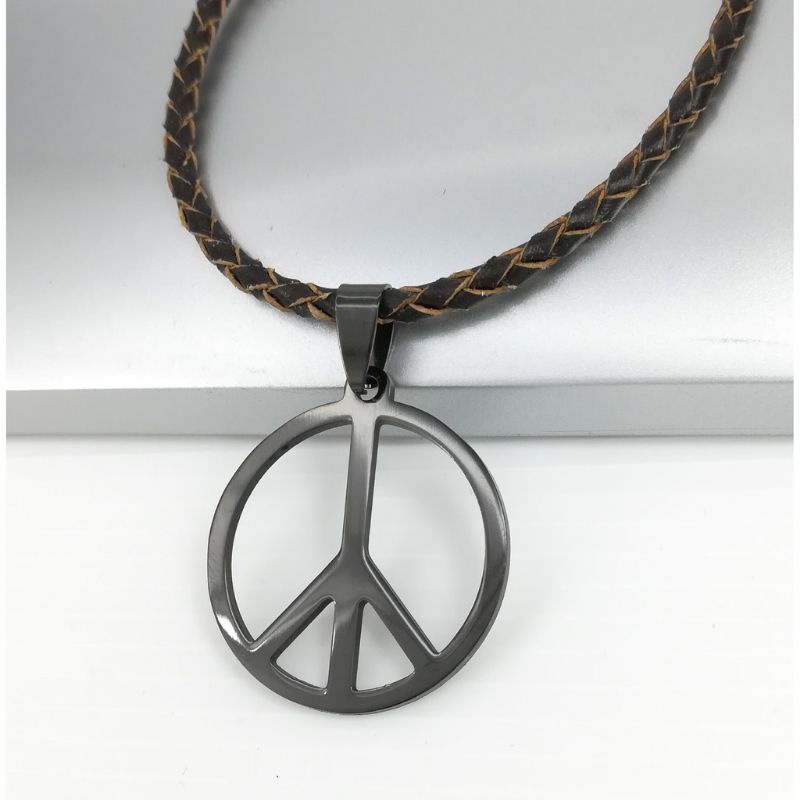 สแตนเลสสีดํา Woodstock Hippie Retro Peace Sign สัญลักษณ์จี้สร้อยคอหนัง