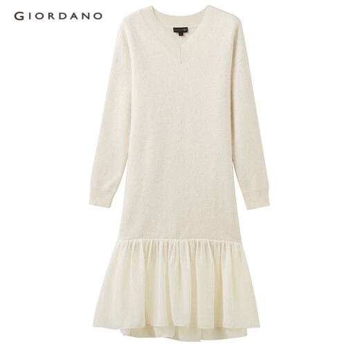 GIORDANO WOMEN V-neck chiffon stitching knitted dress 05469615