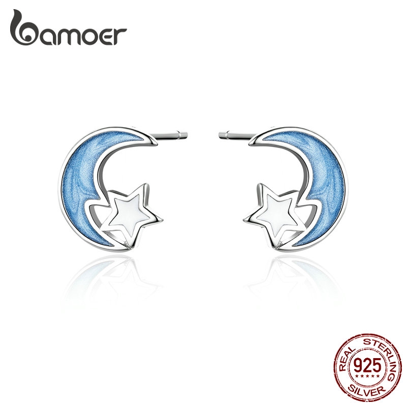 BAMOER 925 Silver Fashion ต่างหู Blue Moon SCE792