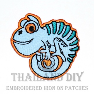 🦎 ตัวรีดติดเสื้อ งานปัก ลาย กิ้งก่า สีฟ้า คาเมเลี่ยน การ์ตูน สัตว์ Lizard Chameleon Patch WOP DIY ตัวรีด อารม์ติดเสื้อ