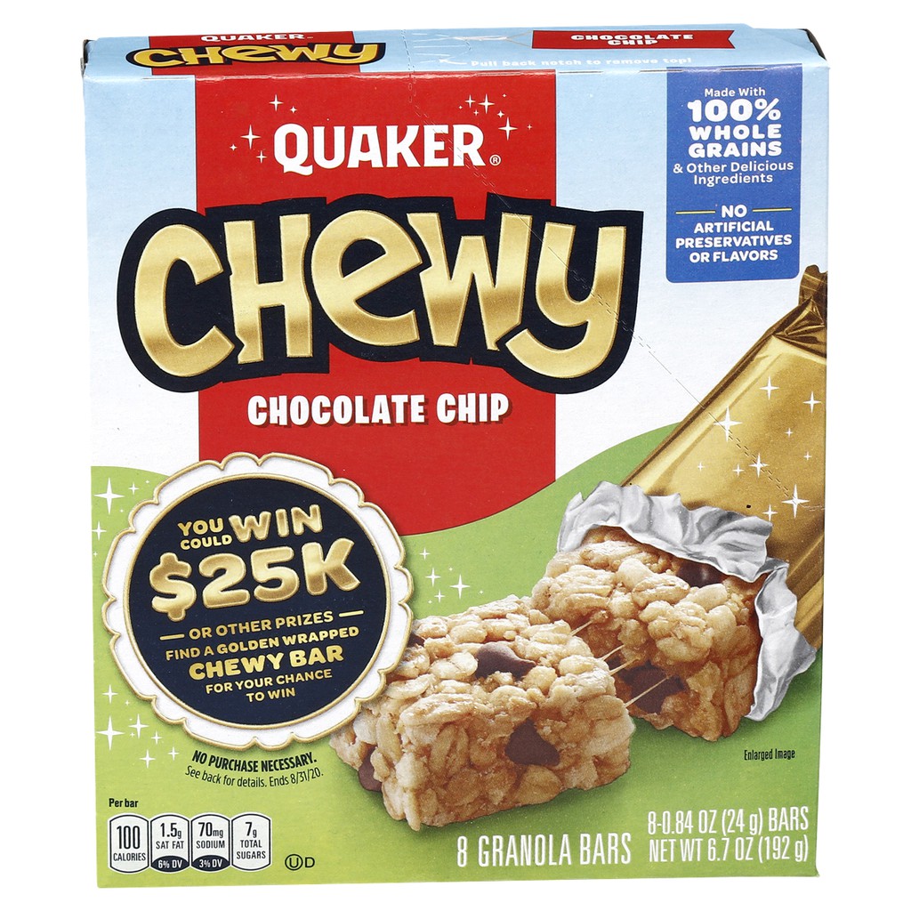 💥โปรสุดพิเศษ!!!💥 Quaker Granola Bars Chocolate Chip 192 g ธัญพืช ข้าวสาลี อบกรอบ คุณภาพระดับพรีเมี่ยม