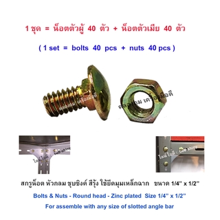 สกรูน็อตเหล็กฉาก หัวกลม ชุบซิงค์สีรุ้ง 1/4" x 1/2" สำหรับประกอบชั้นเหล็กฉากเจาะรู (ตัวผู้ 40 ตัว + ตัวเมีย 40 ตัว)