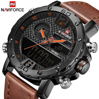 NAVIFORCE นาฬิกายอดนิยม แบรนด์หรู นาฬิกาข้อมือดิจิตอลอนาล็อก หนังแท้ สไตล์ทหาร สำหรับผู้ชาย