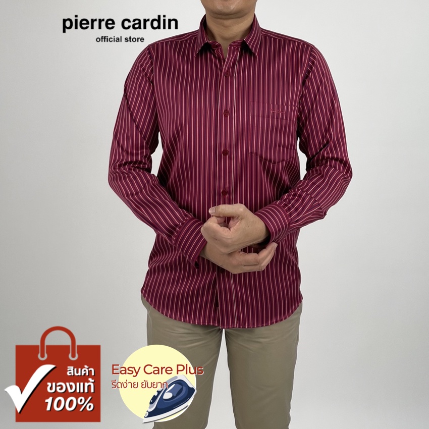 Pierre Cardin เสื้อเชิ้ตแขนยาว Easy Care Plus รีดง่ายยับยาก Slim Fit รุ่นมีกระเป๋า ผ้า Cotton 100% [RCT458F-RE]