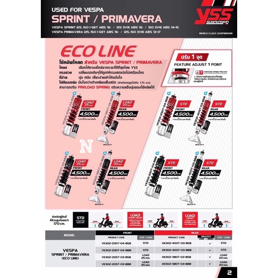 YSSแท้สำหรับVESPA SPRINT(ABS)/PRIMAVERAมีเเบบSTDเเละโหลด(มีให้เลือกหน้าหรือหลัง)***ไม่ใช่สินค้าvespa LX/Sนะครับ
