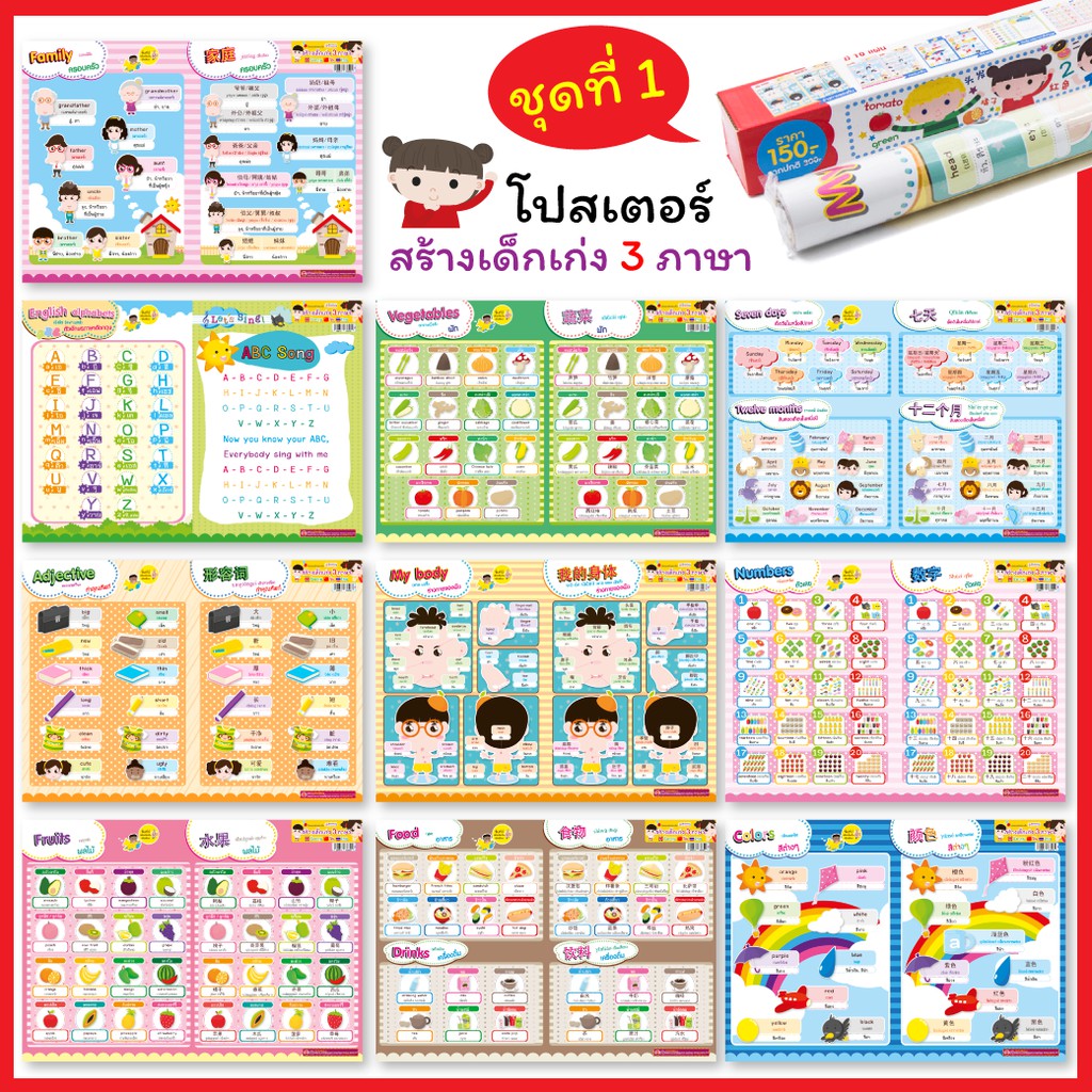 MISBOOK ชุดโปสเตอร์สร้างเด็กเก่ง 3 ภาษาอังกฤษ-จีน-ไทย (กล่องแดง)
