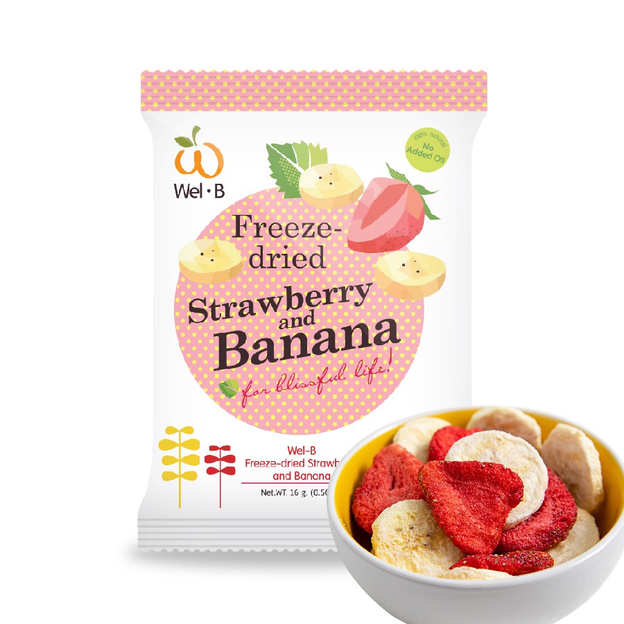 (4 Apr เหลือ 9.-) Wel-B Freeze-dried Strawberry+Banana 16g. (สตรอเบอรี่กรอบ และ กล้วยกรอบ 16 กรัม) 28บาท