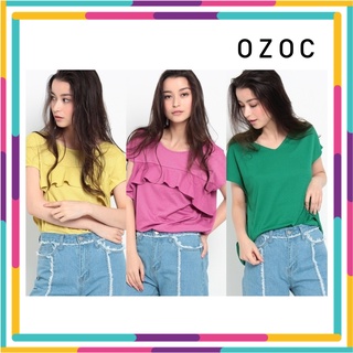 🍭Ozoc ruffle blouse (◆2WAY) เสื้อผ้าโพลีเอสเตอร์เนื้อยืดหยุ่น ผ้ามีลายในตัว ใ