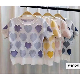 No.071เสื้อไหมพรมลายหัวใจตอกมุก แขนสั้น