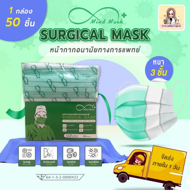 🍃Mind Mask 🍃mindmask มายแมส หน้ากากอนามัย ทางการแพทย์ แบบ 3 ชั้น : 1 กล่อง บรรจุ 50 ชิ้น มายแมส