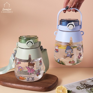 SWEEJAR ขวดน้ำแบบพกพา1300มล. พร้อมสายรัดปรับได้และมีสติกเกอร์ PC กาต้มน้ำเย็นทนต่ออุณหภูมิสูงความจุขนาดใหญ่กีฬากลางแจ้ง