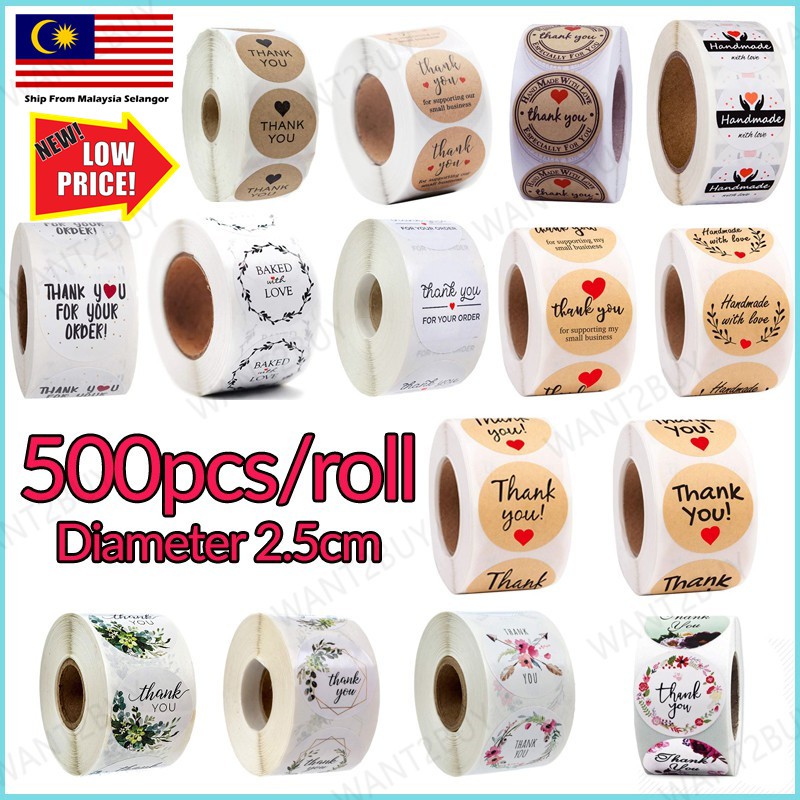 500ชิ้น/ม้วนขอบคุณงานเลี้ยงวันเกิดที่มีคุณภาพสูงแสตมป์ฉลากสมุดภาพแฮนด์เมดวงกลมสติรีสติกเกอร์อาหาร