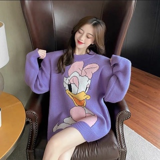 💜🦆พร้อมส่ง..เสื้อนิตติ้งOverSize สีม่วงลายน่ารักเกาหลีฝุด