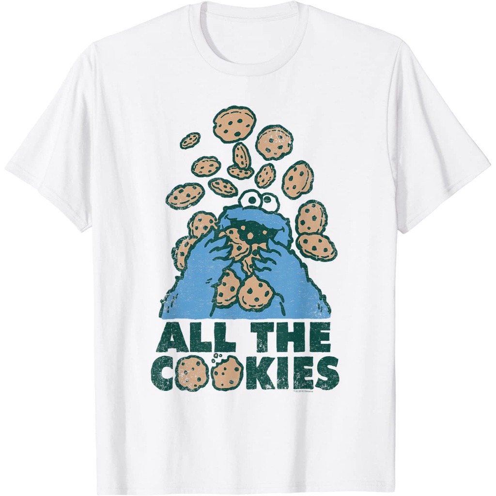 เสื้อยืดผ้าฝ้ายพรีเมี่ยม เสื้อยืด พิมพ์ลาย Sesame Street Cookie Monster All the Cookies
