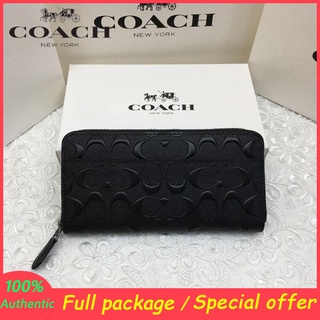 Outlet ของแท้ 🎀 Coach F74918 กระเป๋าใส่เหรียญซิปกระเป๋าสตางค์ยาวลายนูนคลาสสิกสำหรับผู้ชาย