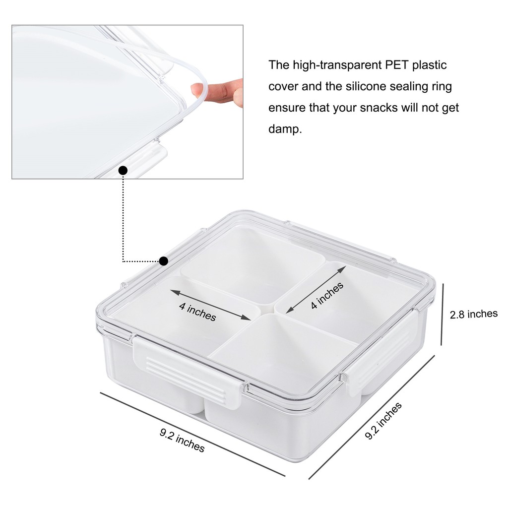 Square Plastic Divided Serving Tray with Lids, 4 Individual Dishes Food