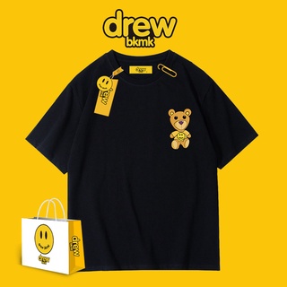 Drew Smiley Face Bear Guochao Ins เสื้อยืดลําลองสําหรับผู้ชายแขนสั้นคอกลมพิมพ์ลายทรงหลวม Bf