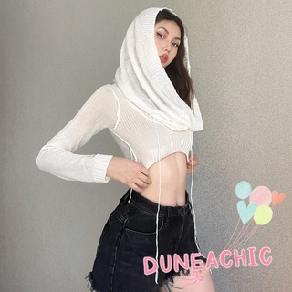 Dunea เสื้อครอป มีฮู้ด แขนยาว ผ้าถัก สีพื้น แฟชั่นสําหรับผู้หญิง