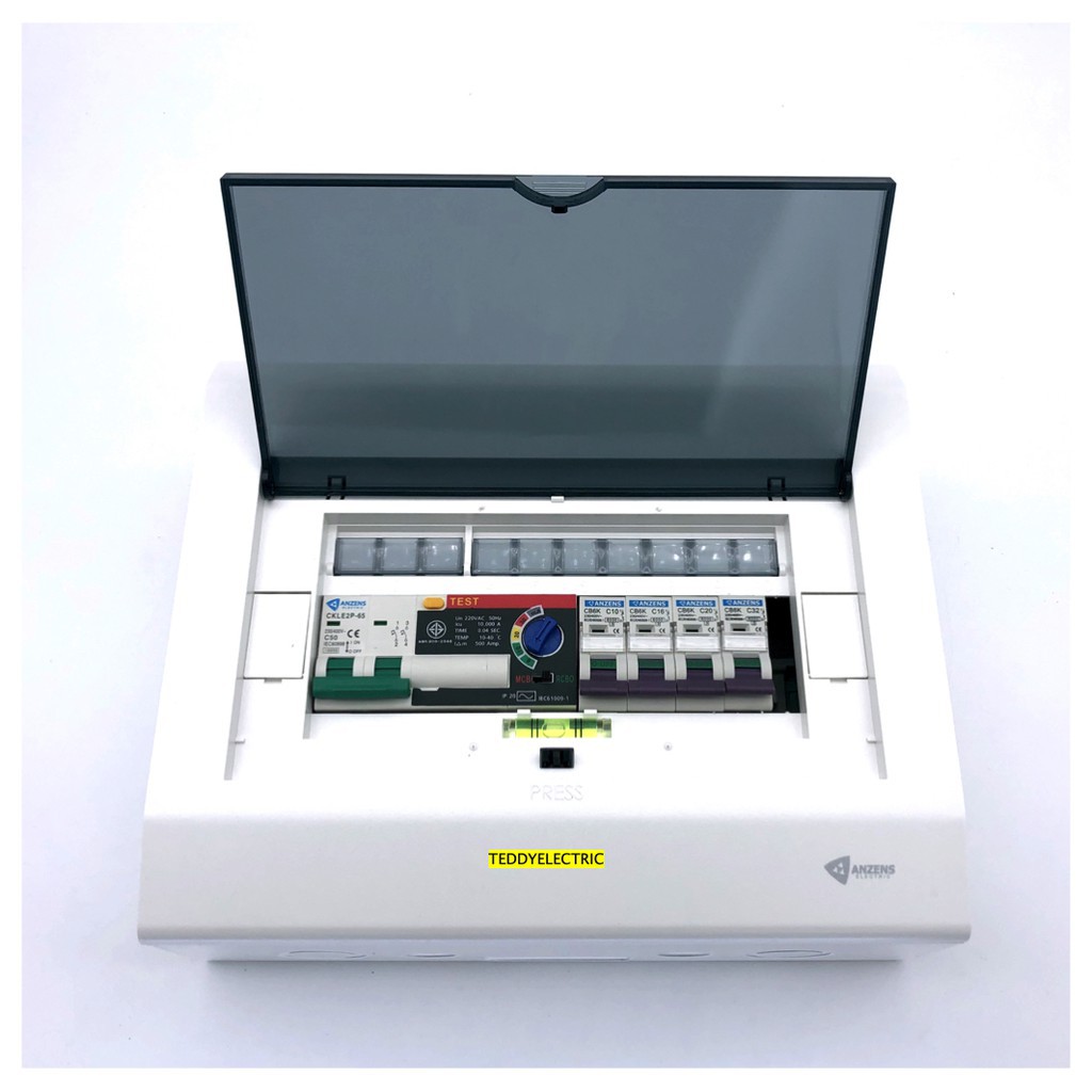 ANZENS  ตู้คอนซูเมอร์ยูนิตตัดไฟมีระบบกันไฟดูดแบบ 4 ช่อง เมน 2P63A พร้อมลูก 1P10A 16A 20A 32A