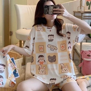 ชุดนอน ชุดนอนคอกลม แขนขาสั้น ผ้าคอตตอน ผ้านิ่ม ใส่สบาย
