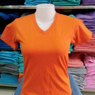 เสื้อยืดคอวี สีส้ม  cotton 100% #32  พร้อมจัดส่ง ผ้าดี ใส่สบาย นุ่มสบาย