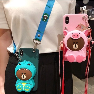 For Samsung Galaxy S22 Ultra S22 Plus A13 A33 A53 A73 A03 Cartoon Soft TPU Coin Back Cover Cute 3D Dinosaur Bear Pink Pig Wallet Bags Phone Case With Lanyard