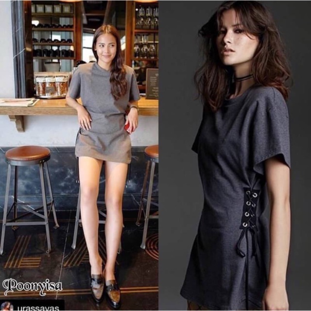 Dress คอกลมแขนสั้น หัวไหล่เสริมฟองน้ำ ด้านข้างช่วงเอว มีสายร้อยไขว้ รัดตามตัวได้ สวมใส่ มาพร้อมเข็มข