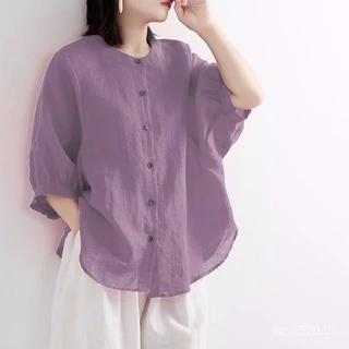 เสื้อเชิ้ตสตรีผ้าฝ้ายและผ้าลินินแขนแลนเทิร์นทรงหลวมขนาดใหญ่ Retro